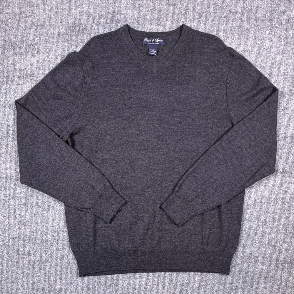 Davis & Squire Mens Extra Fine Merino Wool V-Neck‎ Sweater Charcoal Gray Large
